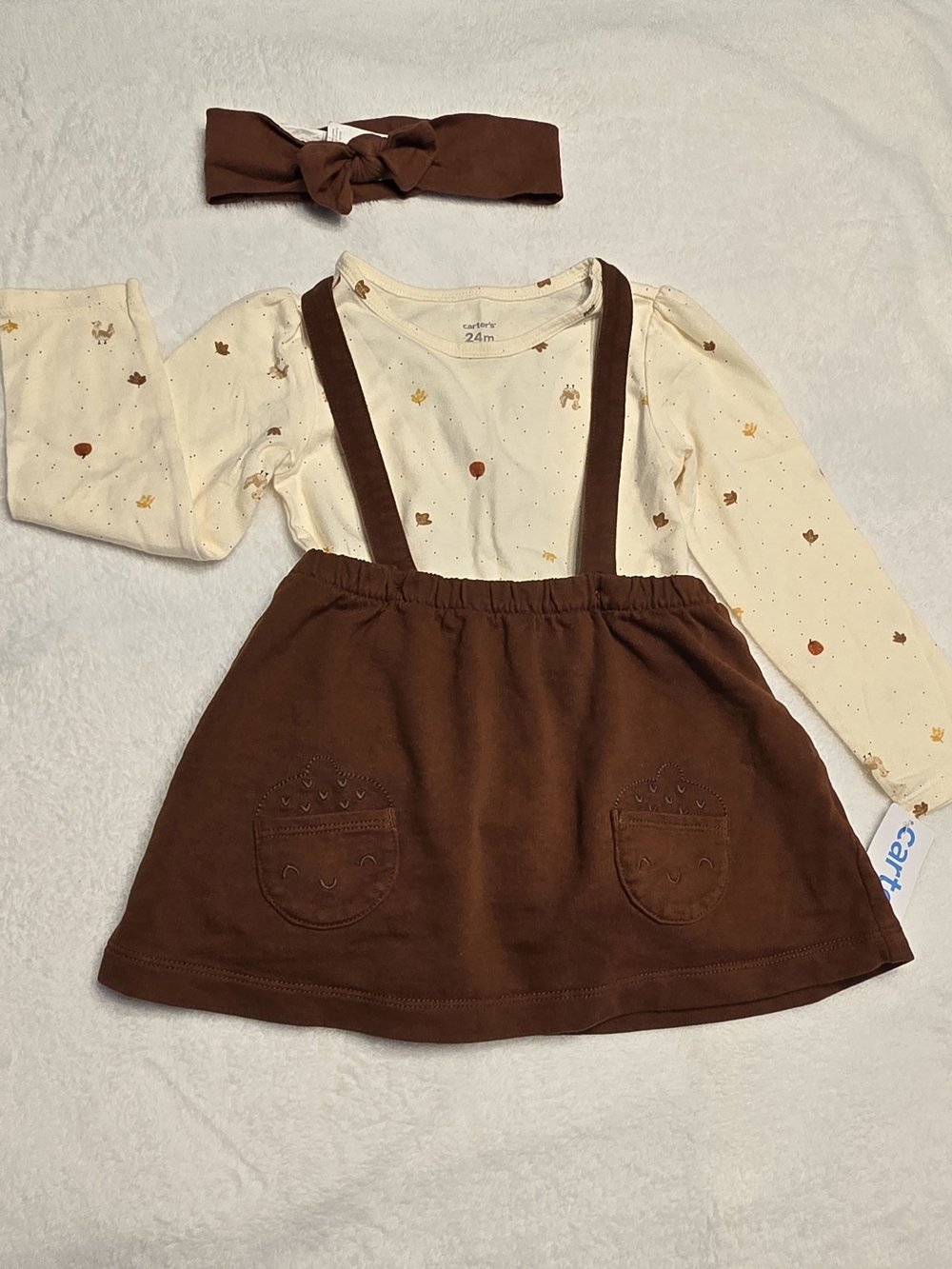 Carter's Cream Long-Sleeve Top with Brown Suspender Skirt and Brown Headband